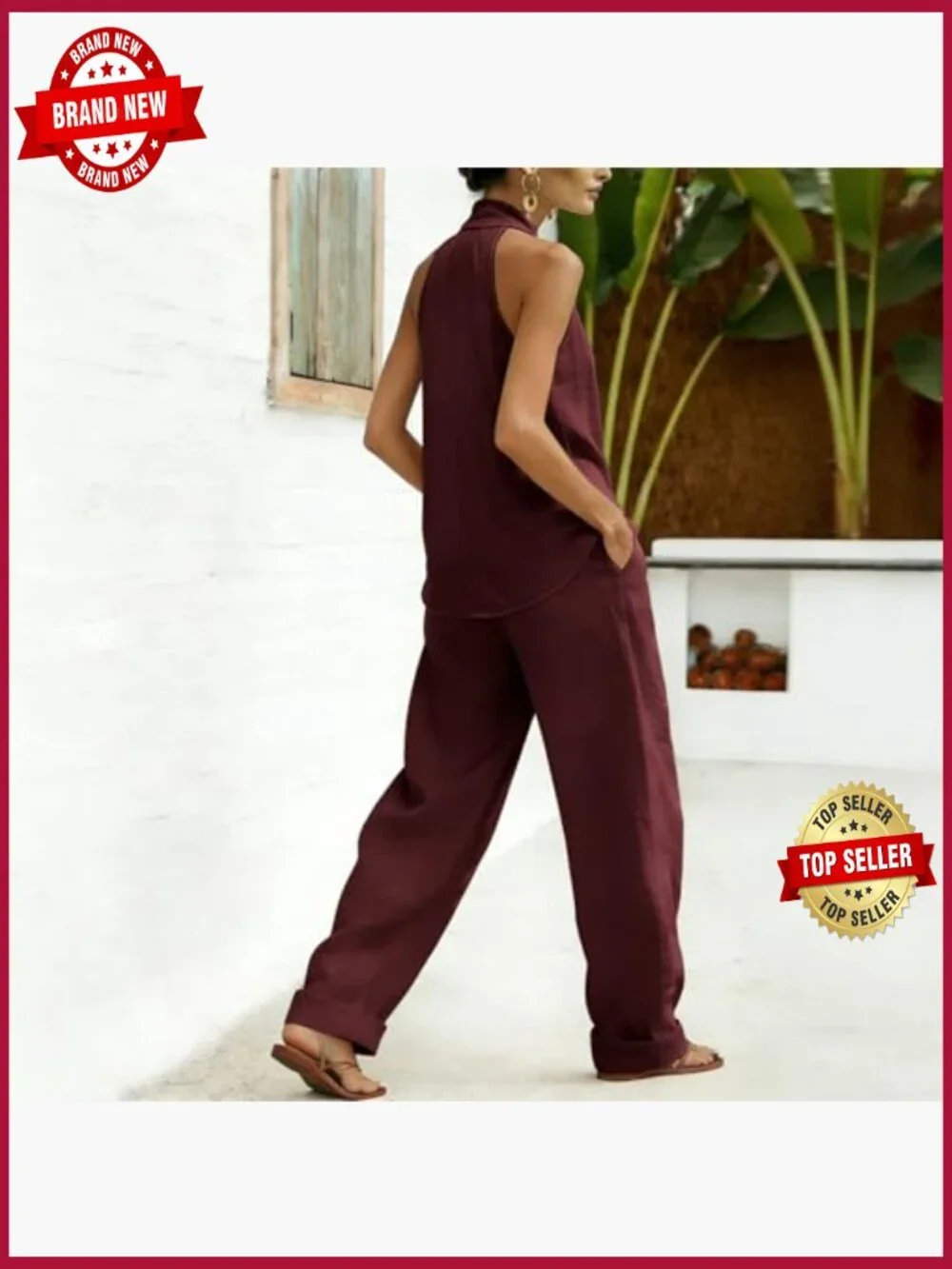 Sleeveless V Neck Halter Top Wide Leg Pants Summer Matching Lounge Set